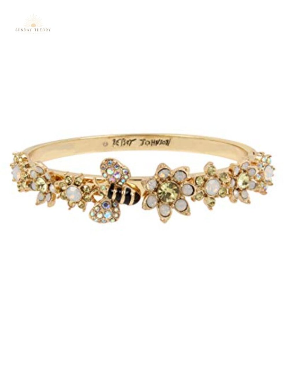 Hinged Bangle Bracelet with Bumble Bee & Stone Flowers, Gold-Tone